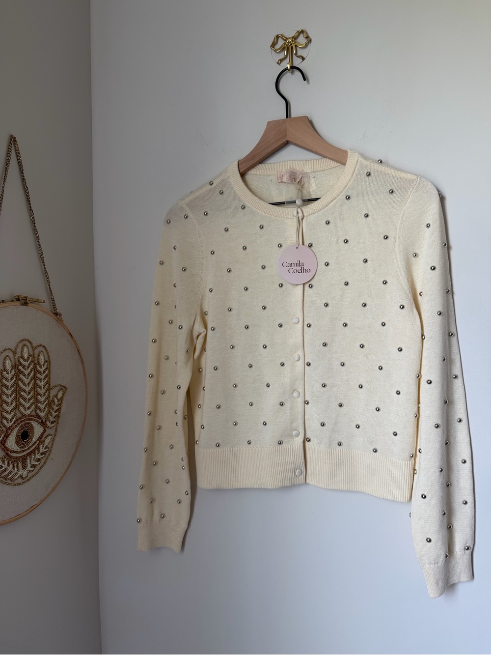 Camila Coelho Cream Silver beaded Cardigan